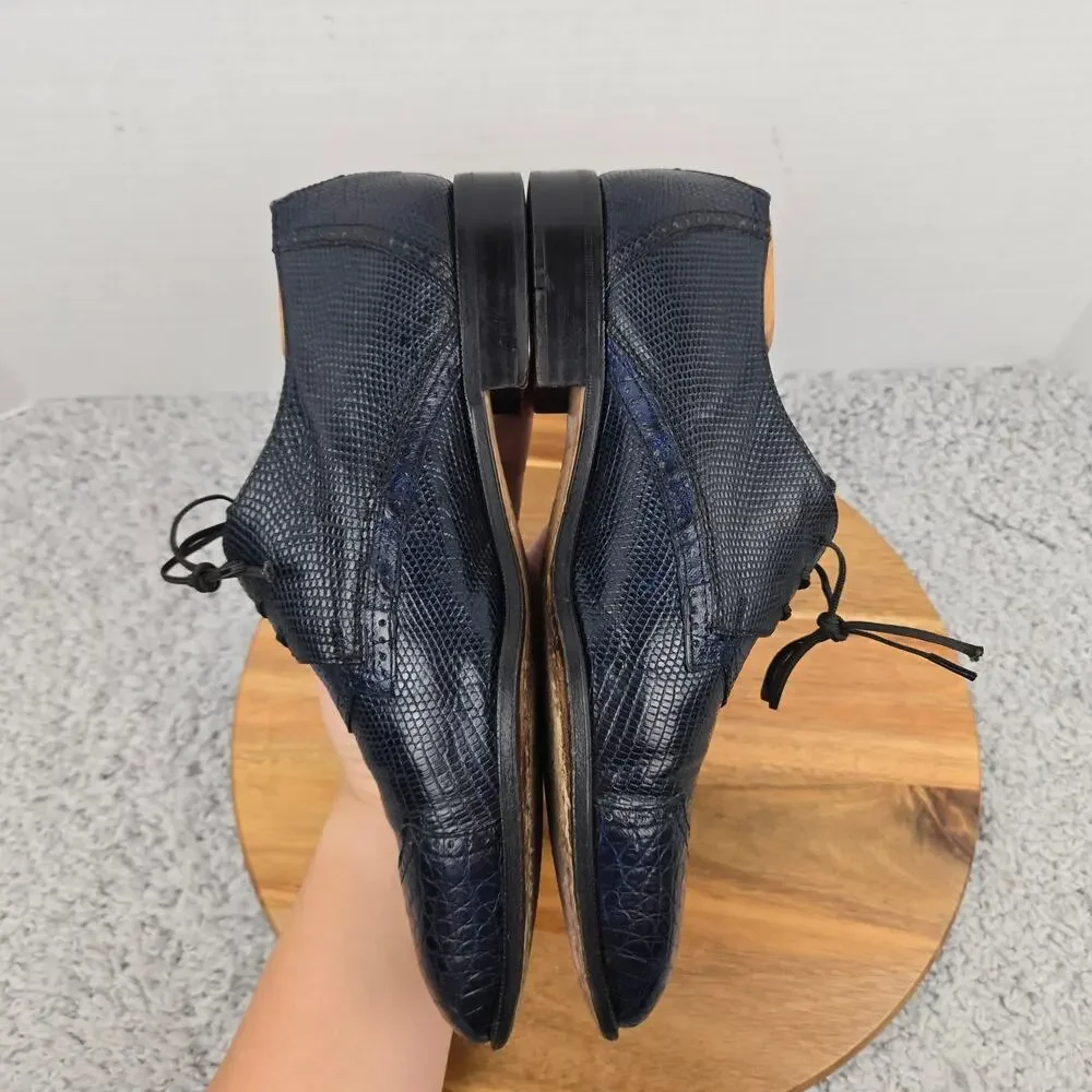 David Eden Mens 9 Navy Alligator Lizard Exotic Cap Toe Fashion Oxford Dress Shoe